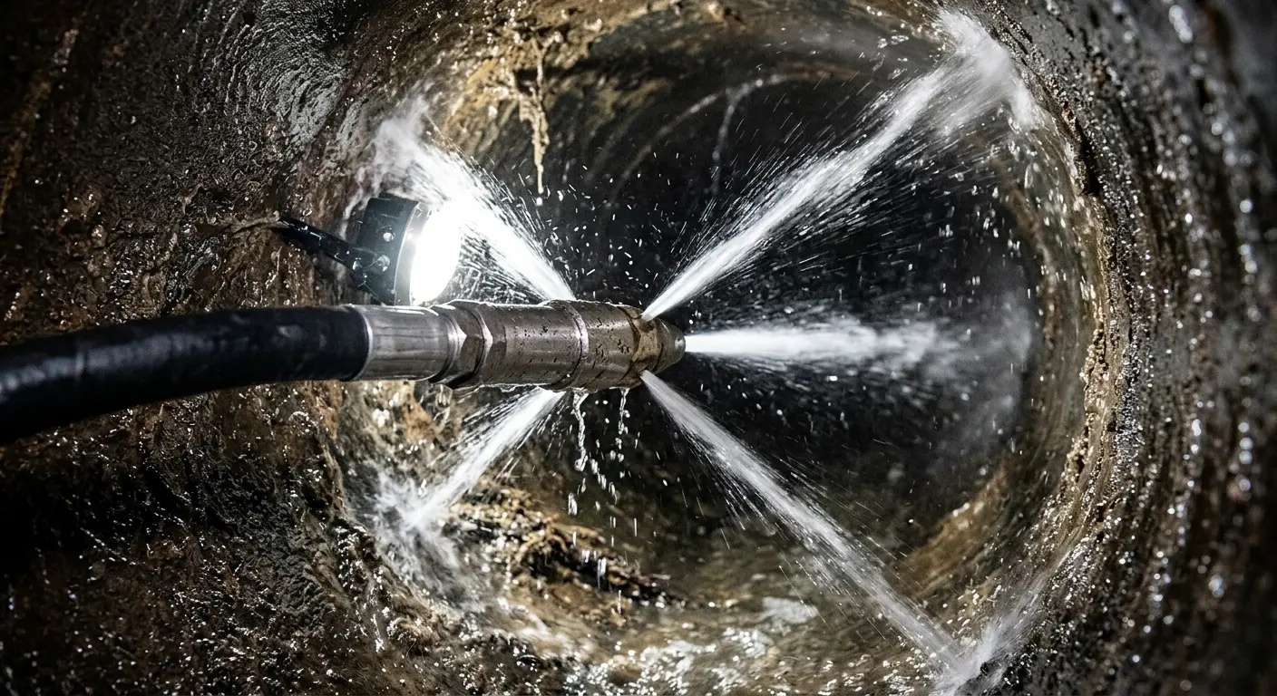 High-pressure hydro jetting nozzle cleaning sewer pipe for Emergency Drain Service in Denham Springs