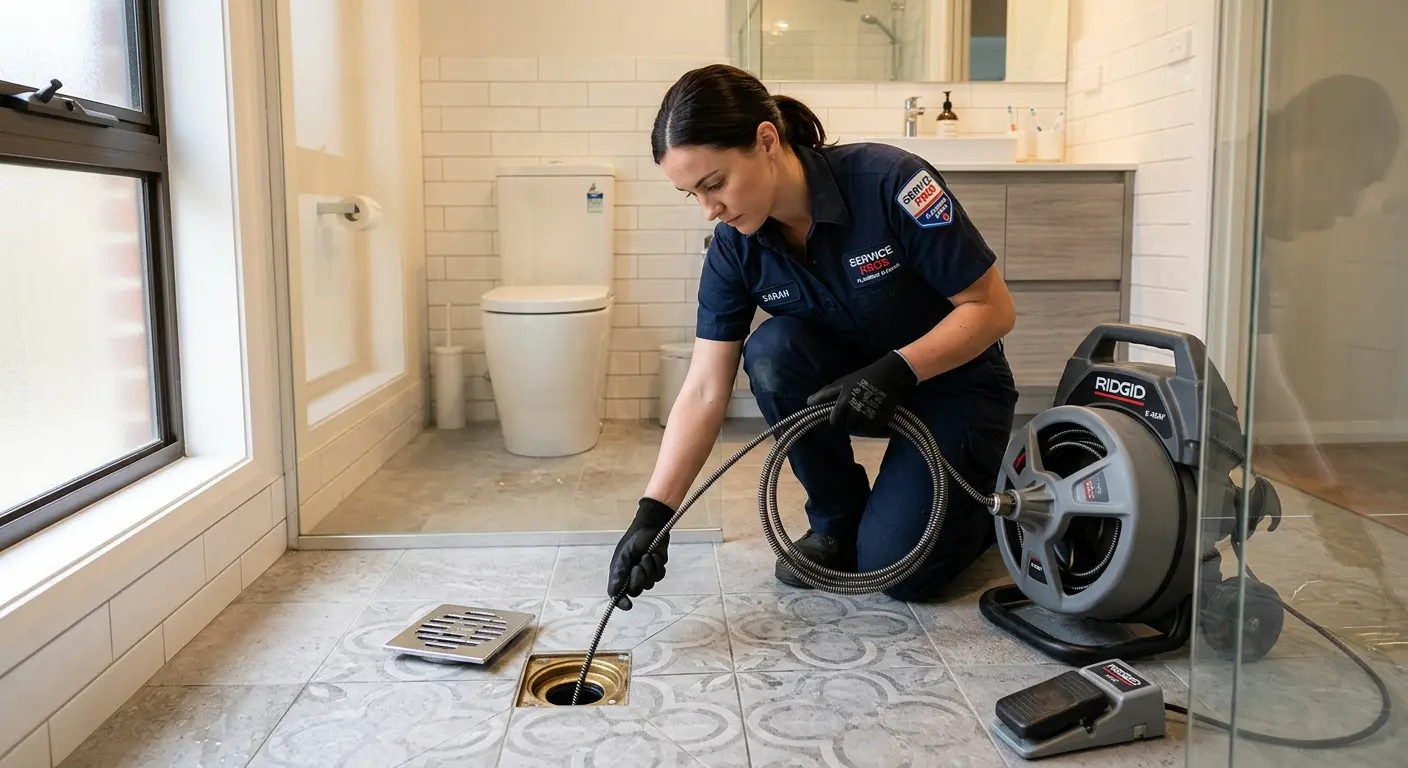 Technician clearing a bathroom floor drain for Sewer Line Replacement in Denham Springs